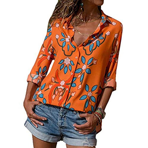 Kiess Women's Floral Print Long Sleeve Button up V Neck Casual Chiffon Tops T Shirts Blouse [Orange XXL]