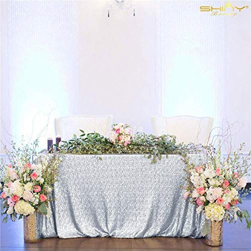 ShiDianYi Table Cloths Rectangle 48x72 Silver Sequin Tablecloth Glitter Table Cloths for Parties Table Overlay for Wedding Reception Sparkly Table Decorations