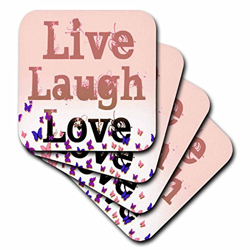 3dRose CST 37956 1 Live Laugh Love Pink and Purple Butterflies Inspirational Words Soft Coasters Set of 4