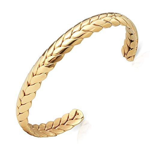 Lolalet Wide Open Cuff Bracelet 18K Gold Plated Wheat Style Couples Love Bracelets Weave Braided Twisted Open Cuff Bangle Jewelry Gift for Men Women Gold