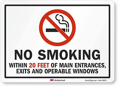 SmartSign 3M Engineer Grade Reflective Label Legend No Smoking Within 20 Ft of Main Entrances with Graphic 5 high x 7 wide Black Red on White SmartSign 3M Engineer Grade Reflective Label Legend No Smoking Within 20 Ft of Main Entrances with Graphic 5 high x 7 wide Black Red on White