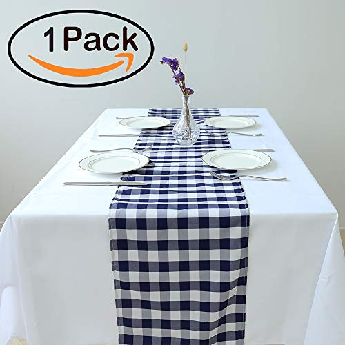 Zdada 12x108-inch Check Table Runner Banquet Picnic Home Plain Polyester Table Lines-Navy Blue and White