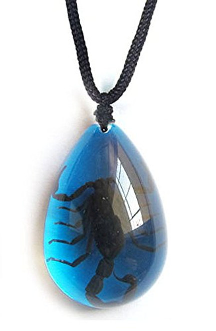 Blue Lucite Teardrop Nylon Cord Necklace w/ Genuine Black Scorpion Blue Lucite Teardrop Nylon Cord Necklace w/ Genuine Black Scorpion