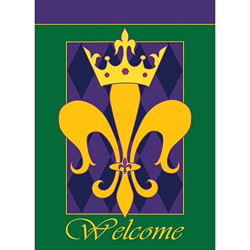 Welcome Fleur de lis Golden Crown Green and Purple 13 x 18 Small Garden Flag