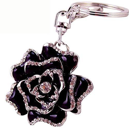 Bolbove Blossoming Rose Keychain Sparkling Flower Keyring Crystal Rhinestones Purse Pendant Handbag Charm  Black