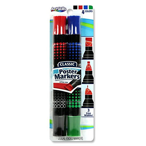 ArtSkills PA 2051 Washable Extra Thick Double Sided Poster Markers Classic Assorted Colors 2 Markers 4 Colors  Blue Red Green and Black