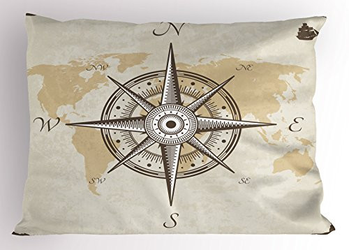 Lunarable Compass Pillow Sham Nautical Compass on Background Old Map with Torn Border Frame Illustration Print Decorative Standard Queen Size Printed Pillowcase 30  X 20  Beige Brown