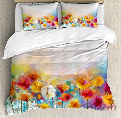 Ambesonne Flower Duvet Cover Set Gerbera Bouquet Textured in an Artisan Expression Inflorescence Morph New Paint Decorative 3 Piece Bedding Set with 2 Pillow Shams Queen Size Orange Red