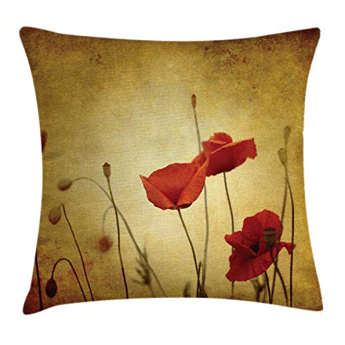 Ambesonne Poppy Throw Pillow Cushion Cover Poppies and Flower Buds on Ambient Dark Grunge Background with Retro Effects Bohemian Decorative Square Accent Pillow Case 18  X 18  Mustard Vermilion