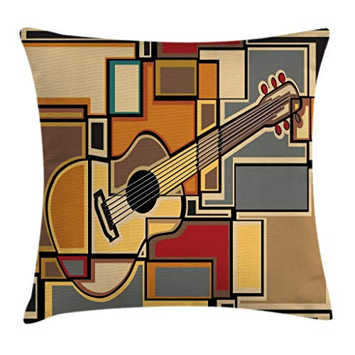 Ambesonne Music Throw Pillow Cushion Cover Funky Fractal Geometric Square Shaped Background with Acoustic Guitar Art Decorative Square Accent Pillow Case 16  X 16  Pale Yellow