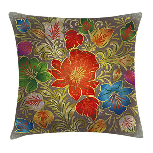 Lunarable Abstract Throw Pillow Cushion Cover Grunge Greyscale Background with Floral Flowers Leaves Image Decorative Square Accent Pillow Case 36  X 36  Olive Green