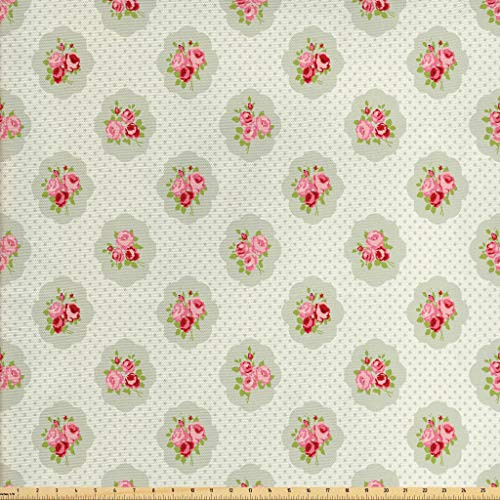 Lunarable Shabby Flora Fabric by The Yard Polka Dotted Background with Romantic English Roses Love Affection Decorative Fabric for Upholstery and Home Accents 1 Yard Green Rose