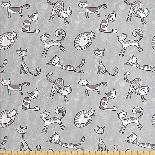 Ambesonne Grey Fabric by The Yard Cats Posing Over Floral Background Feline Kitten Kitty Cartoon Art Prints Decorative Fabric for Upholstery and Home Accents 2 Yards Grey