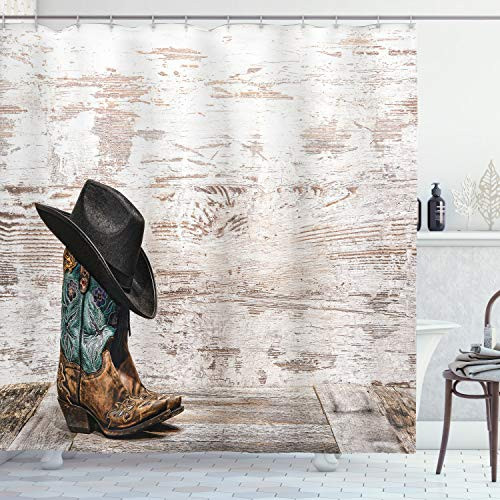 Ambesonne Western Shower Curtain Traditional Rodeo Cowboy Hat and Cowgirl Boots Retro Grunge Background Art Photo Cloth Fabric Bathroom Decor Set with Hooks 70  Long Brown Black