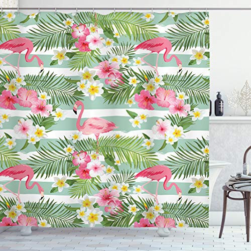 Ambesonne Flamingo Shower Curtain Flamingos with Exotic Hawaiian Leaves Flowers on Striped Vintage Background Cloth Fabric Bathroom Decor Set with Hooks 70  Long Green Pink