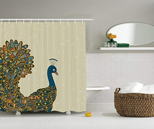 Ambesonne Peacock Shower Curtain Oriental Background with Motley Bird Tail Ornate Cloth Fabric Bathroom Decor Set with Hooks 84  Long Extra Petrol Blue