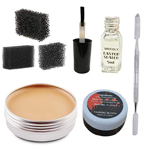 Meicoly Makeup Skin Wax Special Effects Halloween Set Stage Fake Wound ScarMoulding Scars Wax with Spatula Black Stipple SpongeCoagulated Blood Gel5ml Castor Sealer02