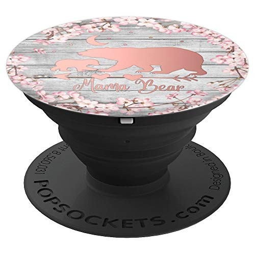 Cherry Blossoms Rose Pink Mama Bear One Cub Vintage Gray PopSockets Grip and Stand for Phones and Tablets