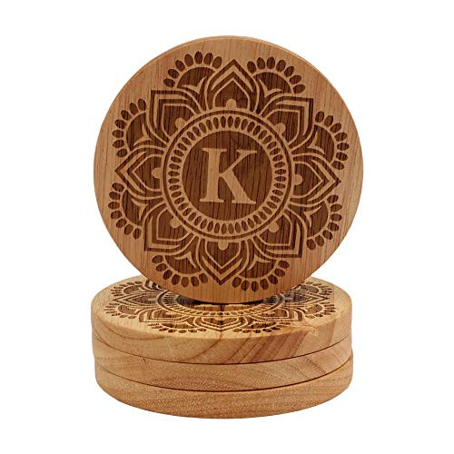 Letter K Monogram Coasters K Initial 4 Pcs Cup Wood Coasters Wooden Coaster Set Drink Coasters for Drinks Drink Coaster Set Cute Coasters Perfect Gifts for New Home Hostess Gifts for Women