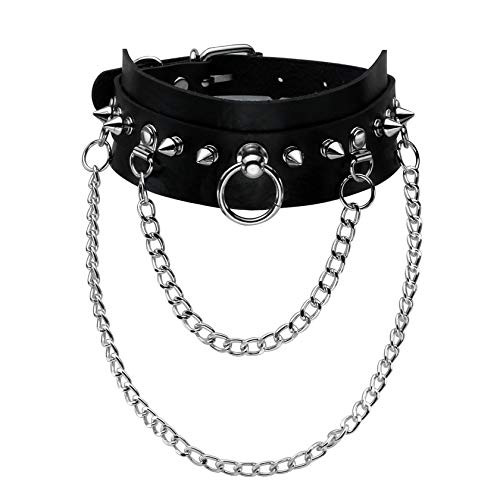 Manfnee Punk Goth Collar Choker for Women Men Leather Spike Chain Choker Necklace Adjustable Black