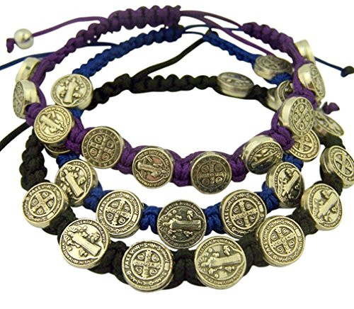 Catholic Brands Saint Benedict Evil Protection Medal on Adjustable Cord Bracelet Set of 3 8 Inch  One Set  Black Blue Purple