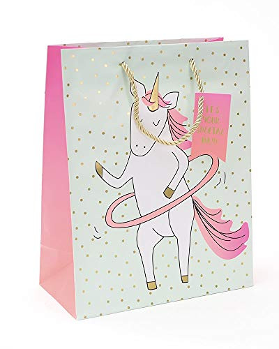 Zoomerang Hula Hooping Unicorn with Gold Foil Medium Gift Bag with Tag, 1 Count