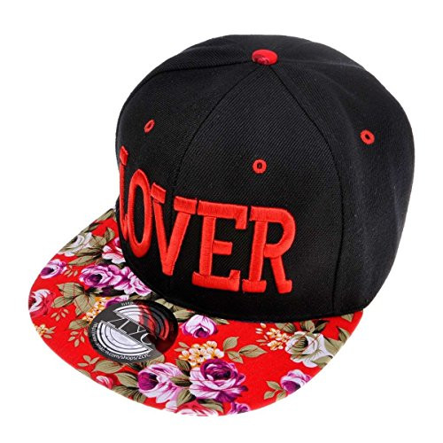 ZLYC Women Lover Word Embroidered Floral Flat Bill Snapback Hat Adjustable Baseball Cap Red
