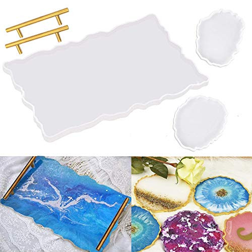 Winzwon Resin Tray Molds with 2 Pcs Coaster Molds for Resin Casting Epoxy Resin Irregular Silicone Tray Mold with 2 Pcs Gold Handles for Geode Agate Platter Faux Agate Serving Board Winzwon Resin Tray Molds with 2 Pcs Coaster Molds for Resin Casting Epoxy Resin Irregular Silicone Tray Mold with 2 Pcs Gold Handles for Geode Agate Platter Faux Agate Serving Board
