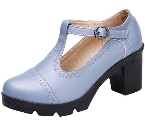 DADAWEN Women s Classic T Strap Platform Mid Heel Square Toe Oxfords Dress Shoes Grey US Size 7