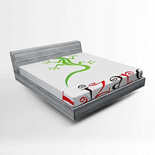 Lunarable Reptile Fitted Sheet Tribal Baby Lizard Illustration Funny Caricature Monster Character Kids Nursery Soft Decorative Fabric Bedding All Round Elastic Pocket Full Size White Green