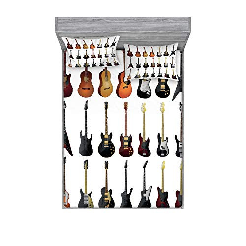Ambesonne Music Fitted Sheet   Pillow Sham Set Instruments Pattern Classical and Bass Varieties of Guitars Rock and Jazz Music Theme Decorative Printed 3 Piece Bedding Decor Set Queen Ecru