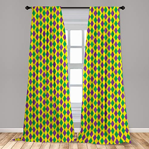 Ambesonne Green and Purple Window Curtains Mardi Gras Themed Abstract Geometric Pattern with Rhombuses Lightweight Decorative Panels Set of 2 with Rod Pocket 56  x 95  Yellow Violet