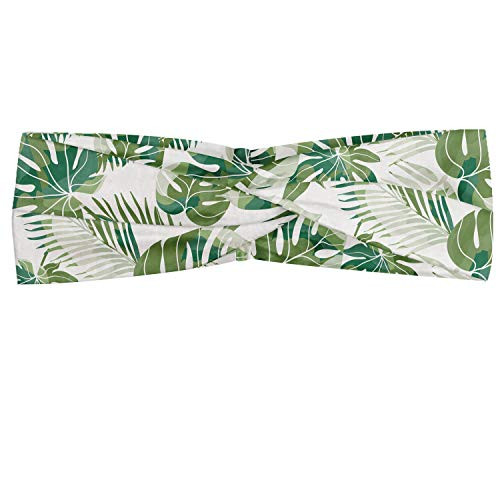 Lunarable Hawaiian Headband Monstera or Palm Leaves on a Plain Background Elastic and Soft Women s Bandana for Sports and Everyday Use Green Jade