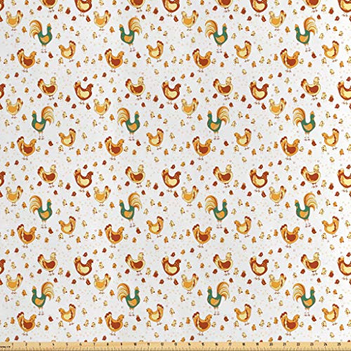 Lunarable Gallus Fabric by The Yard Rooster Hen and Chicks Dotted Background Family April Eggs Feast Field Decorative Satin Fabric for Home Textiles and Crafts 1 Yards Orange Ginger