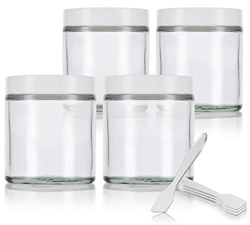 Clear Thick Glass Straight Sided Jar with White Smooth Lids   4 oz   120 ml  4 pack    Spatulas