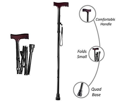 Medi Cane Sturdy Standalone Folding Travel Walking Cane with Flashlight and Pivoting Wide Quad Foot Base Adjustable Hight Cane  Medium Folding