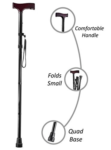 Medi Cane Sturdy Standalone Folding Travel Walking Cane with Flashlight and Pivoting Wide Quad Foot Base Adjustable Hight Cane  Short Folding