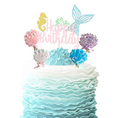 Mermaid Cake Topper Happy Birthday Cake Picks Glitter Shell Cupcake Topper Mermaid Cake Decoration for Mermaid Baby Shower Birthday Party Supplies