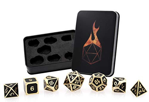 Forged Dice Co Metal Dice Set   Polyhedral Dice Set of 7 with Dice Storage Tin and Stickers   Metal DND Dice and Gaming Dice for Dungeons and Dragons RPG Games Guardian Gold w Black Enamel
