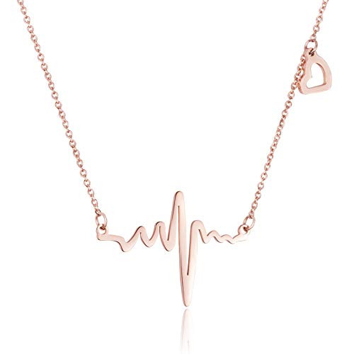 WDSHOW Love Heart Beat Pendant Necklace 18K Rose Gold Plated Stainless Steel