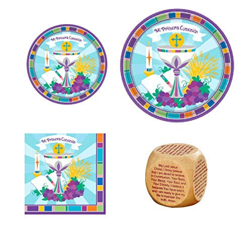 Mi Primera Comunión My First Holy Communion Party Package for 8  Beverage Napkins Plates and a Wooden Prayer Cube