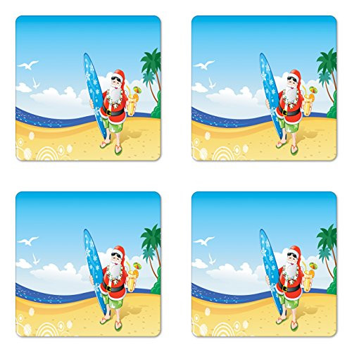 Ambesonne Christmas Coaster Set of Four, Santa Claus on The Beach with Surfboard Summer Party Celebration Tropical Art, Square Hardboard Gloss Coasters for Drinks, Blue Yellow