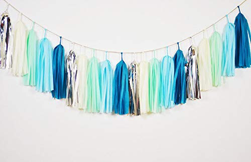 GUZON 25 PCS Blue Silver Ivory Tassel Garland Tissue Paper Tassels Banner DIY Kit Blue Baby Shower Shark Party Decor Ocean Theme Party