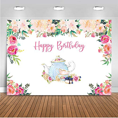 Mocsicka Tea Party Birthday Backdrop Floral Tea Party Photography Background 7x5ft Vinyl Tea Party Wonderland Banner Backdrops