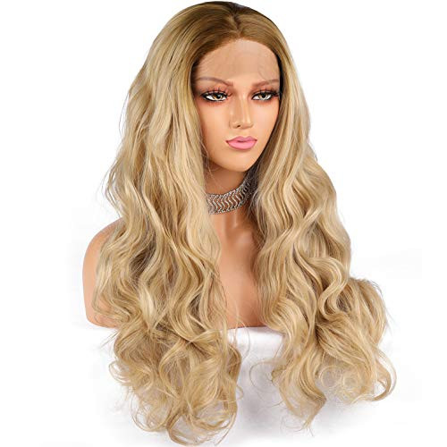 Two Tone Long Ombre Blonde Lace Front Wig Wavy Hair with Brown Roots Heat Resistant Long Ash Blonde Synthetic Wigs for Women Realistic Middle Part Ash Lace Front Wavy Natural Blonde Wig 22 Inches