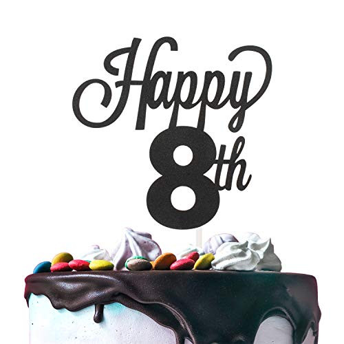 8th Happy Birthday Cake Topper Premium Double Sided Black Glitter Cardstock Paper Party Decoration - 6'' x 8'' Eighth 8 Years Old Bday Wedding Anniversary Topper.