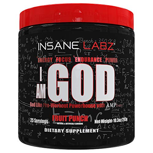 Insane Labz I am God Pre Workout High Stim Pre Workout Powder Loaded with Creatine and DMAE Bitartrate Fueled by AMPiberry Energy Focus Endurance Muscle Growth25 Srvgs Fruit Punch