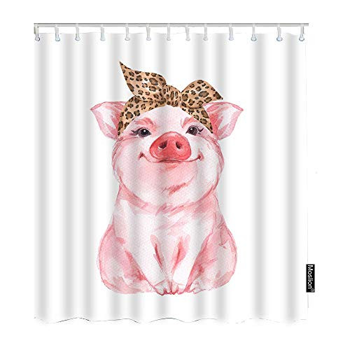 Moslion Pig Bath Shower Curtain Set Farm Animal Funny Cute Piggy Wearing Leopard Bandana Shower Curtains Home Decorative Extra Long Polyester Fabric Shower Curtain with Hooks 72x72 Inch Pink