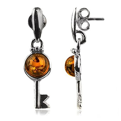 Sterling Silver Amber Key Dangle Stud Earrings