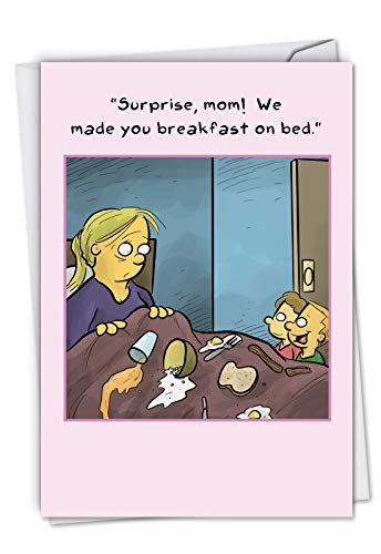 NobleWorks   Funny Cartoon Mother s Day Card   Comic Humor Mom Notecard with Envelope   Breakfast On Bed C6808MDG